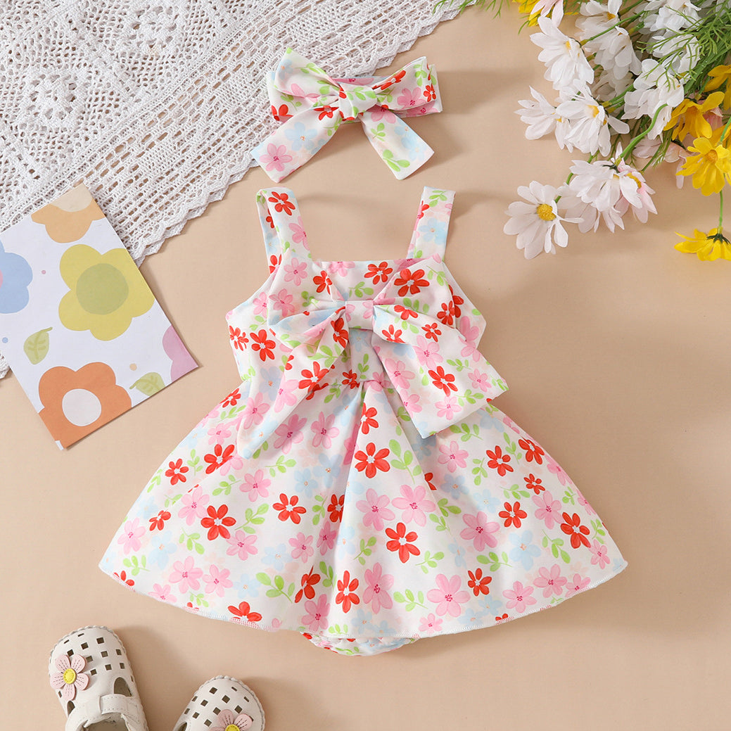 2PCS Pretty Floral Printed Bow Decoration Sleeveless Baby Romper