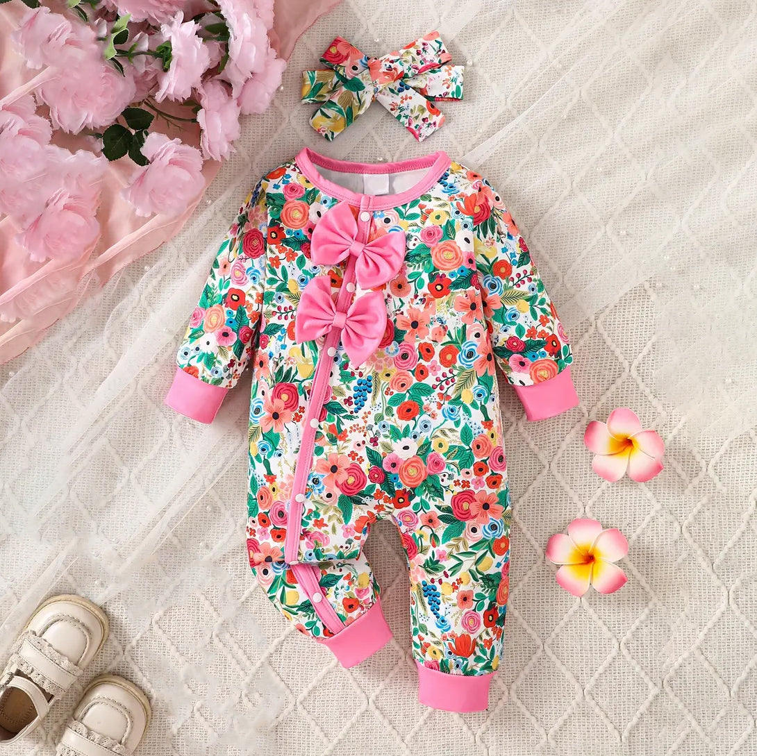 2PCS Allover Floral Printed Long Sleeve Baby Jumpsuit