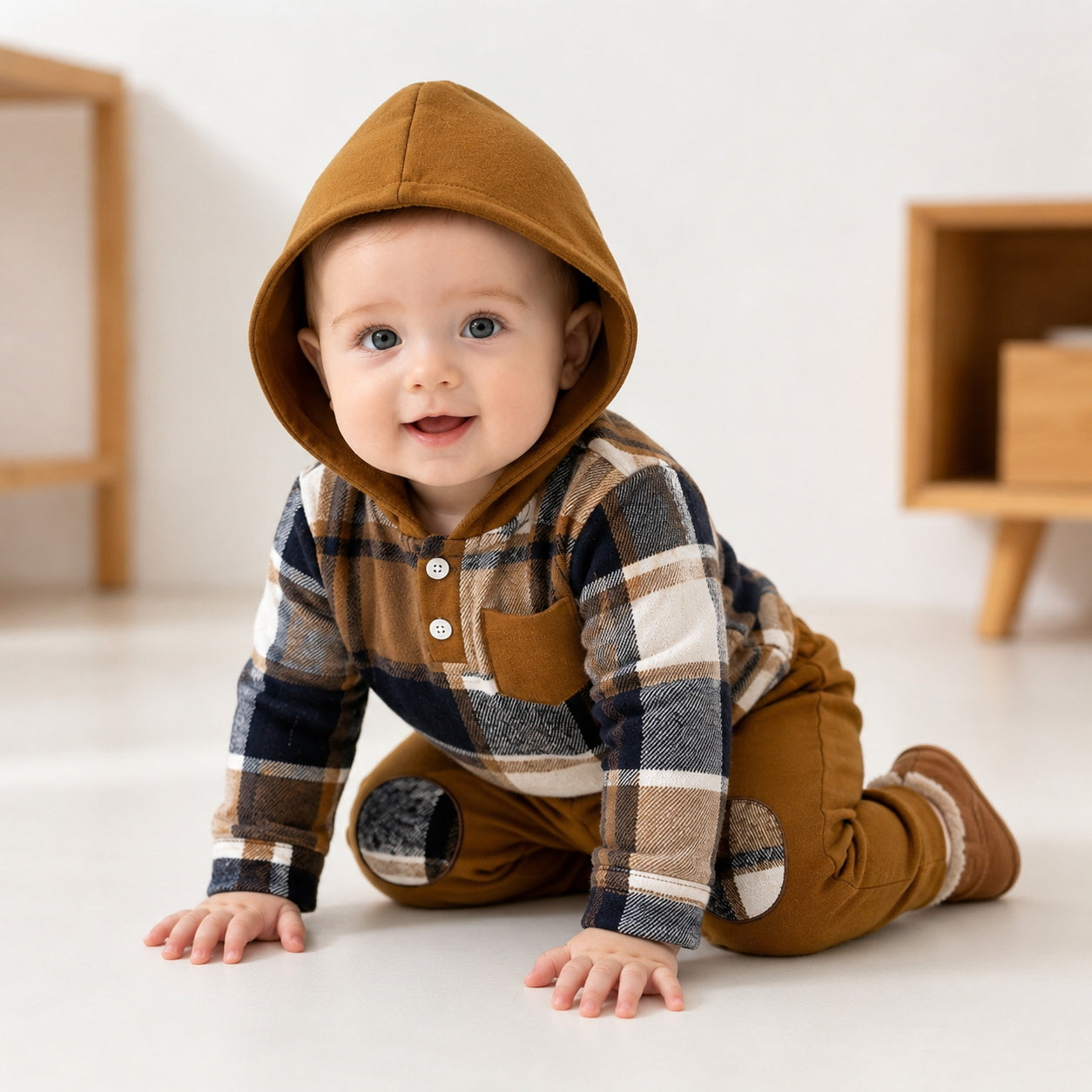 2PCS Stylish Plaid Print Long Sleeve Hoodie Baby Boy Set