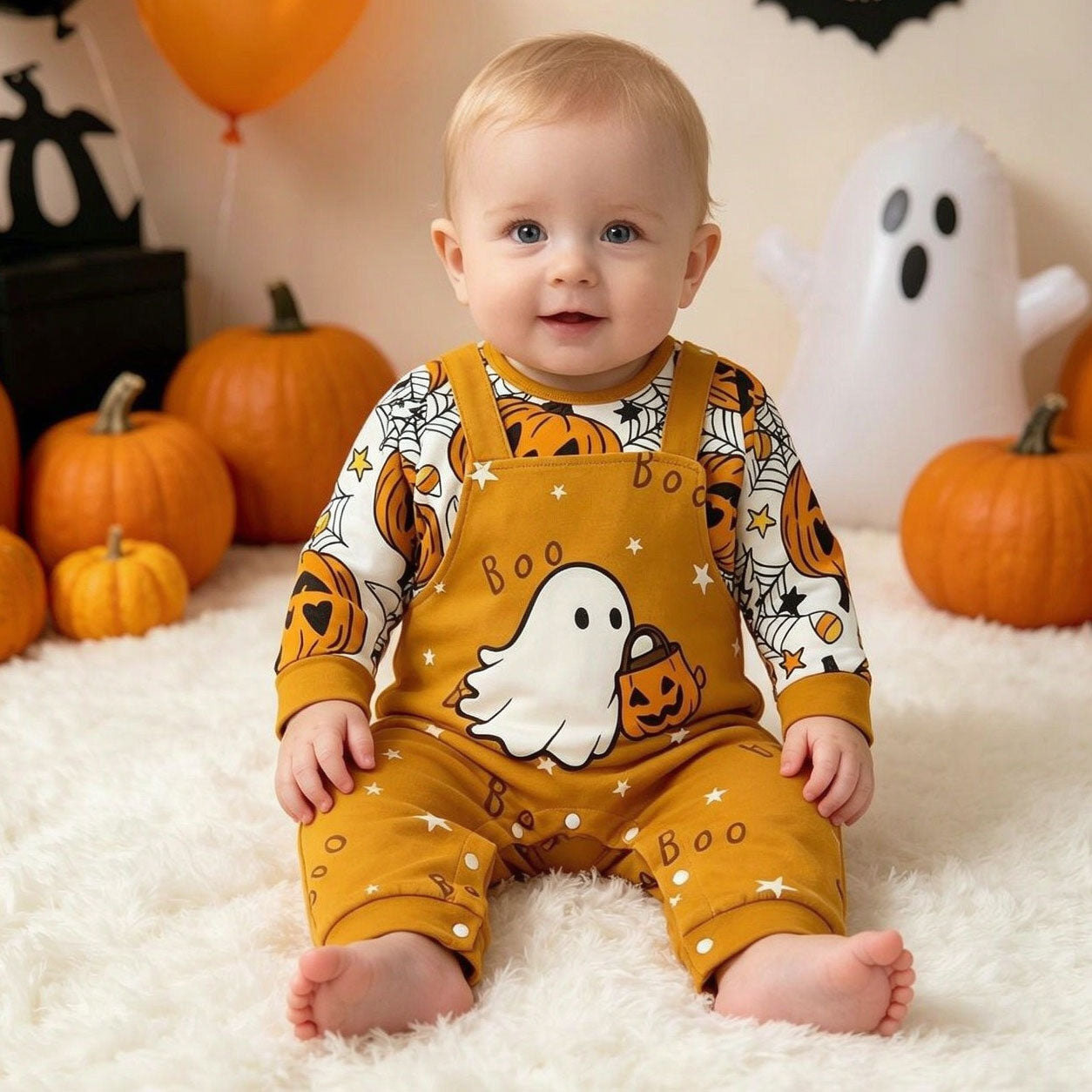 Faux Layer Pumpkin and Ghost Print Long Sleeve Baby Jumpsuit