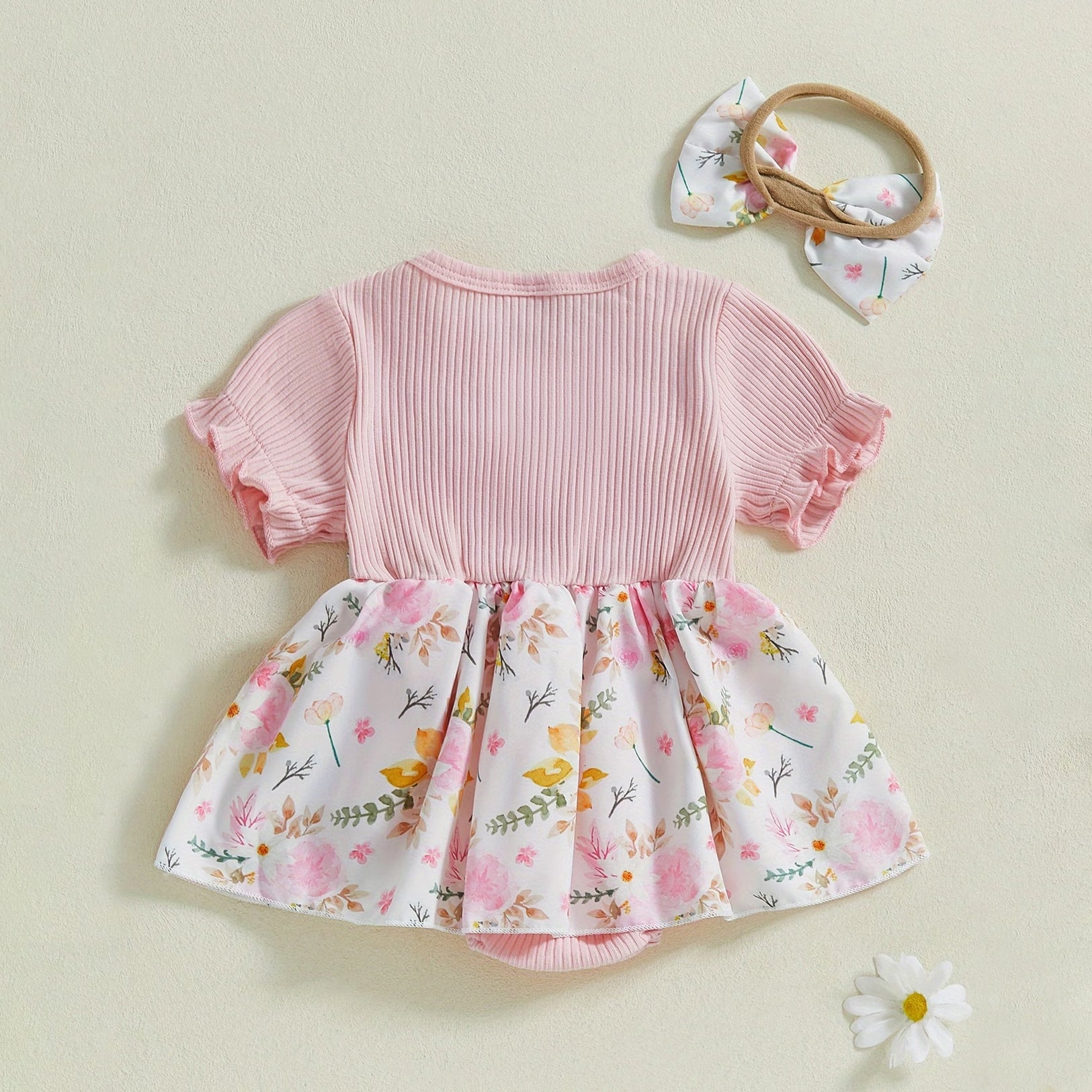 2PCS Gorgeous Floral Print Short Sleeve Baby Romper