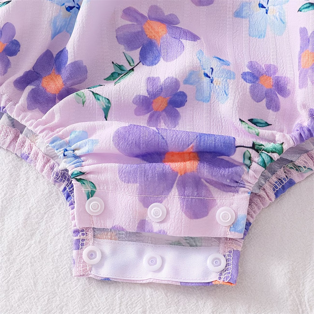 2PCS Stylish Floral Printed Frill Trim Short Sleeve Baby Romper