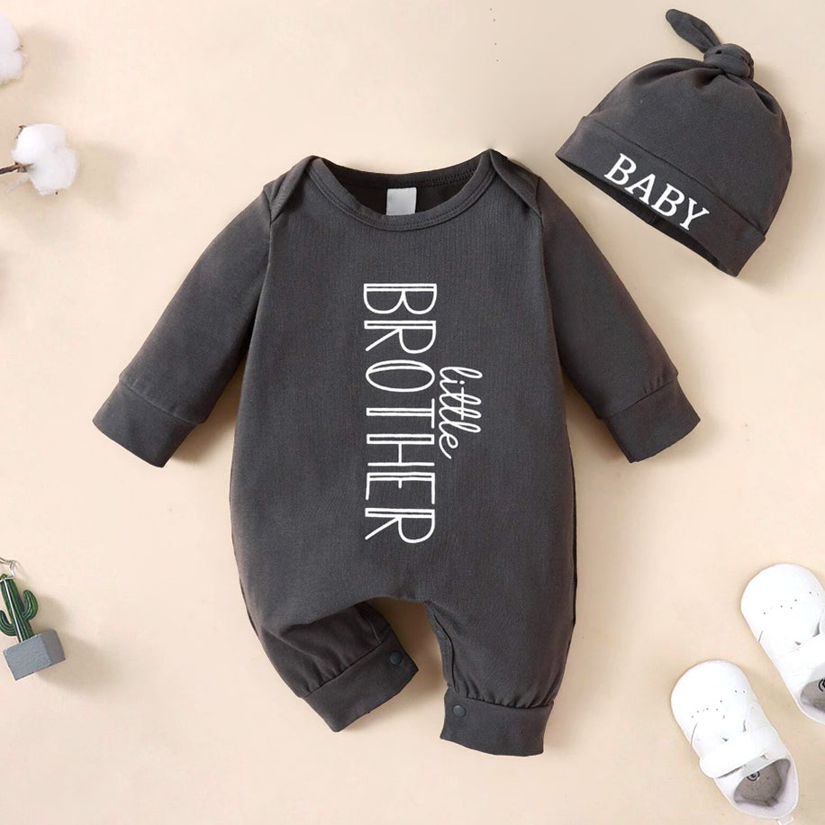 2PCS Little Brother Letter Printed Long Sleeve Baby Jumpsuit