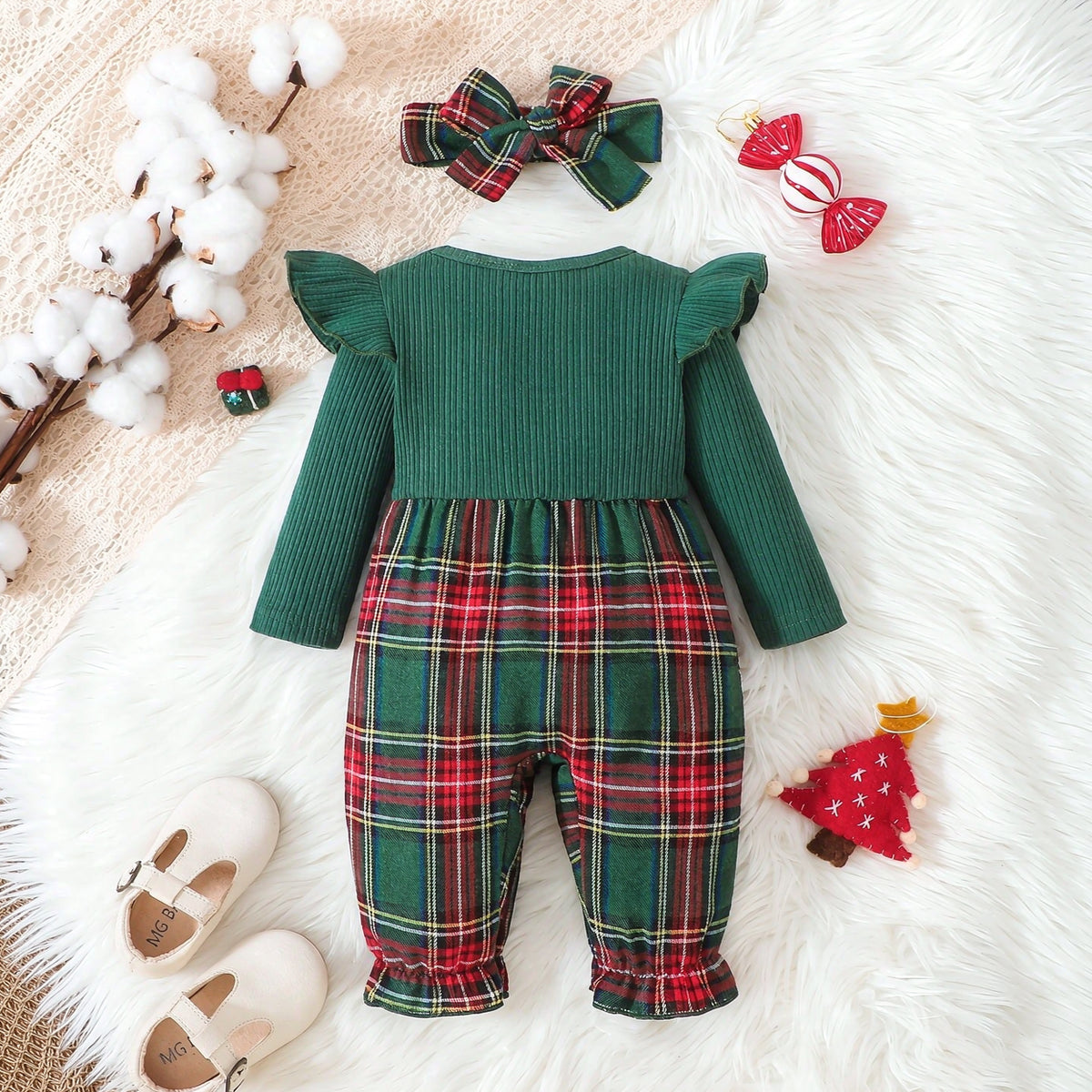 2PCS Vibrant Plaid Print Bow Long Sleeve Baby Girl Jumpsuit