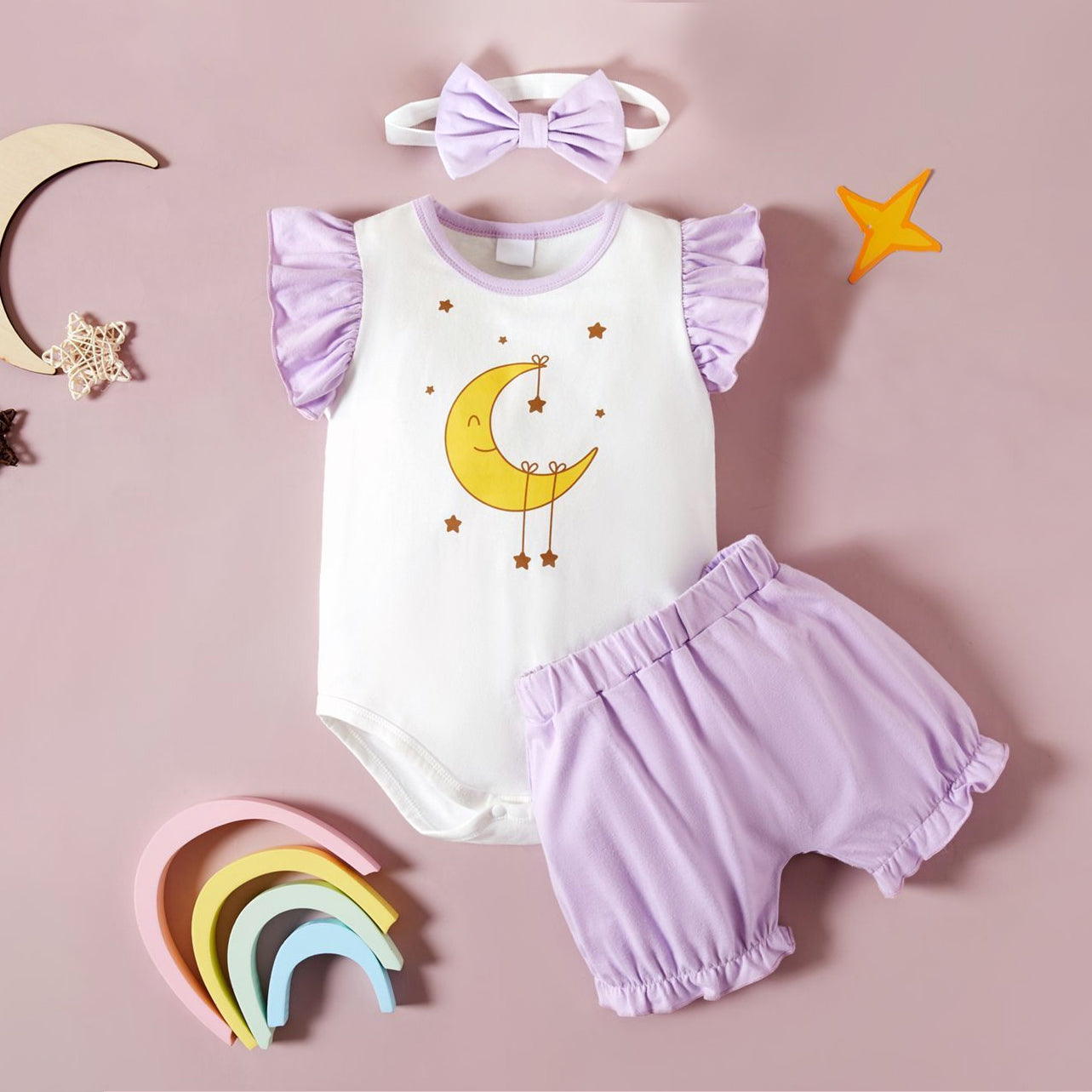 3PCS Elegant Moon Printed Sleeveless Baby Set