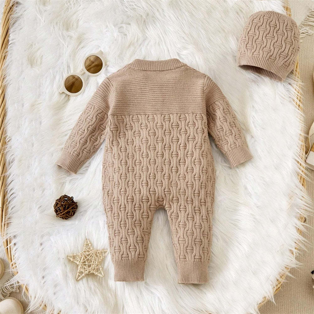 2PCS Vintage Solid Color Knitted Texture Baby Jumpsuit