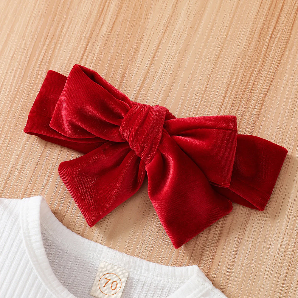 3PCS My First Christmas Letter Santa Claus Print Velvet Baby Girl Set