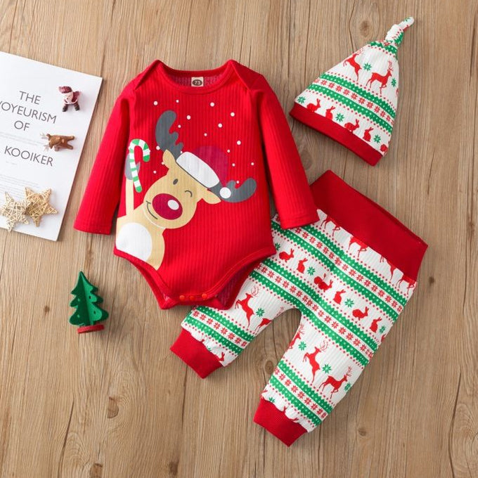 3PCS Lovely Christmas Elk Printed Long Sleeve Baby Set