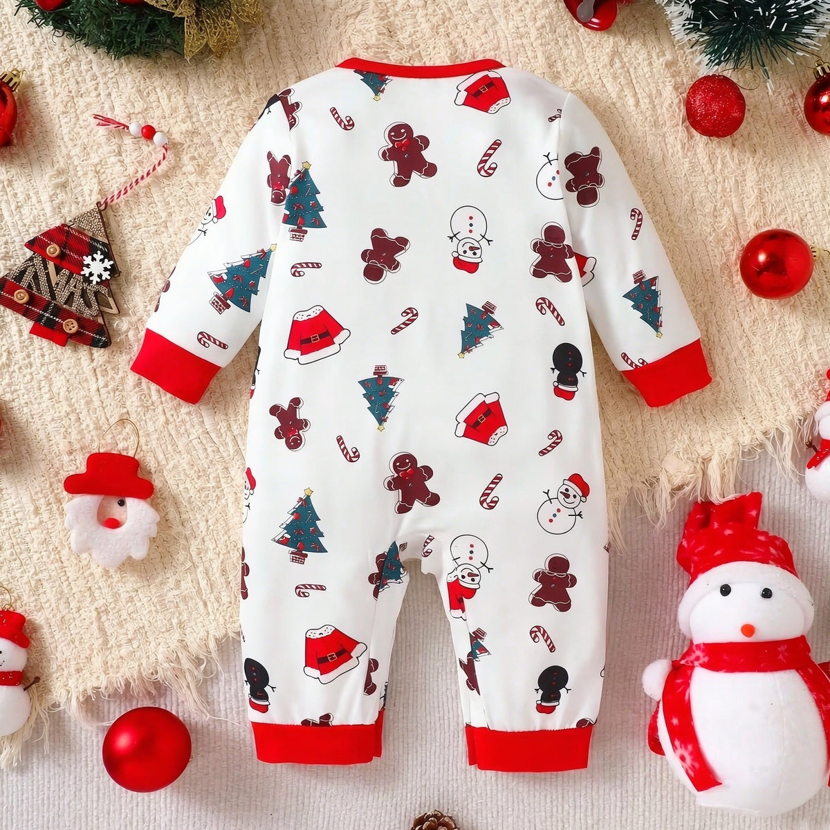 Christmas Snowman Gingerbread Man Print Long Sleeve Baby Jumpsuit