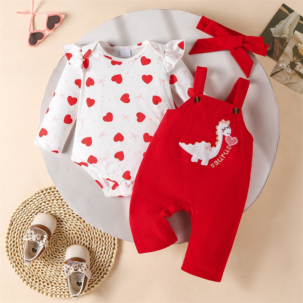 3PCS Dinosaur Embroidery Heart Print Long Sleeve Baby Set