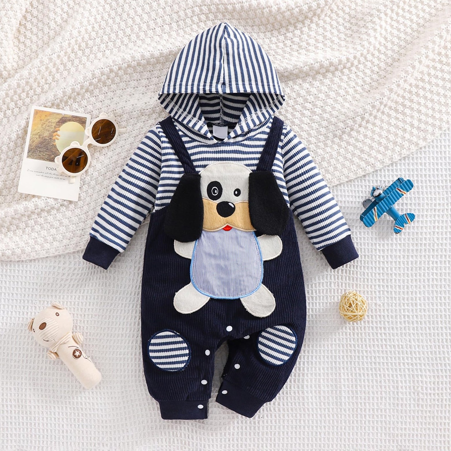 Lovely Dog Stripe Printed Long Sleeve Hooded Baby Jumpsuit