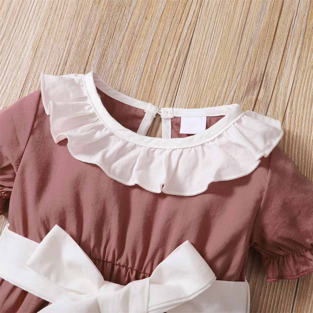 Casual Solid Color Ruffle Collar Short Sleeve Baby Jumpsuit