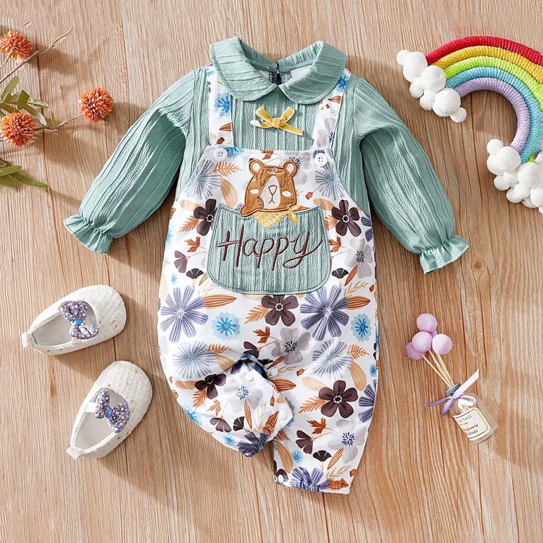 Pretty Floral Bear Printed Long Sleeve Baby Jumpsuit