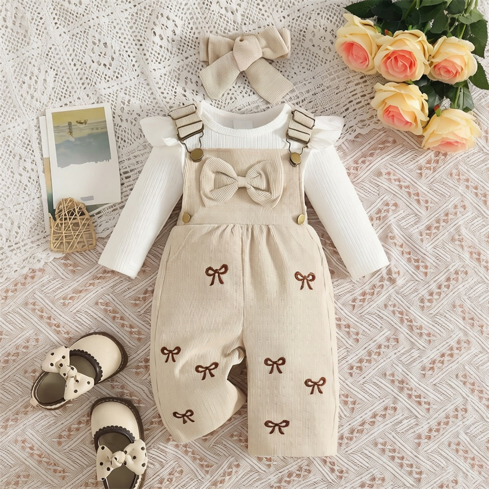 3PCS Lovely Bow Embroidery Long Sleeve Overalls Baby Set