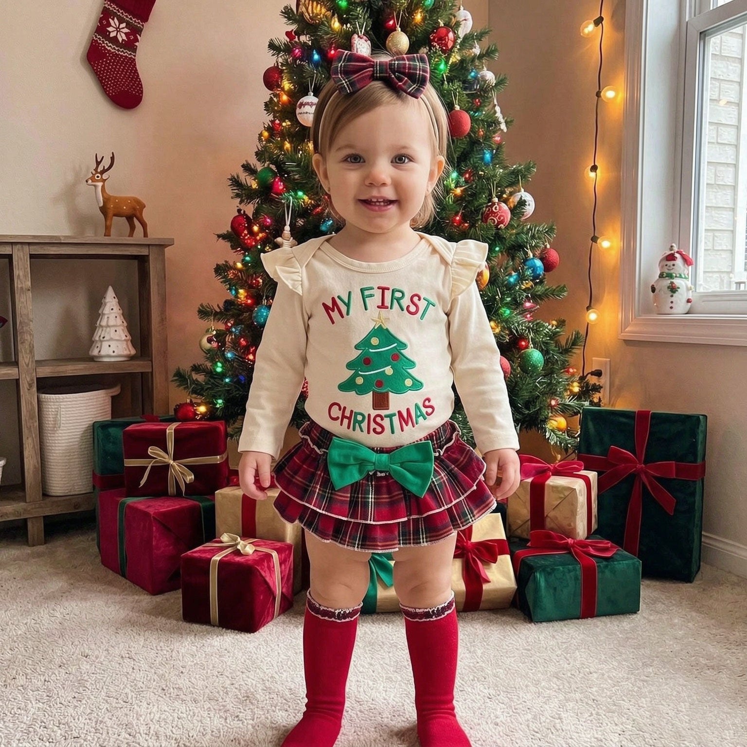4 PCS My First Christmas Letter Tree Embroidered Plaid Print Baby Set