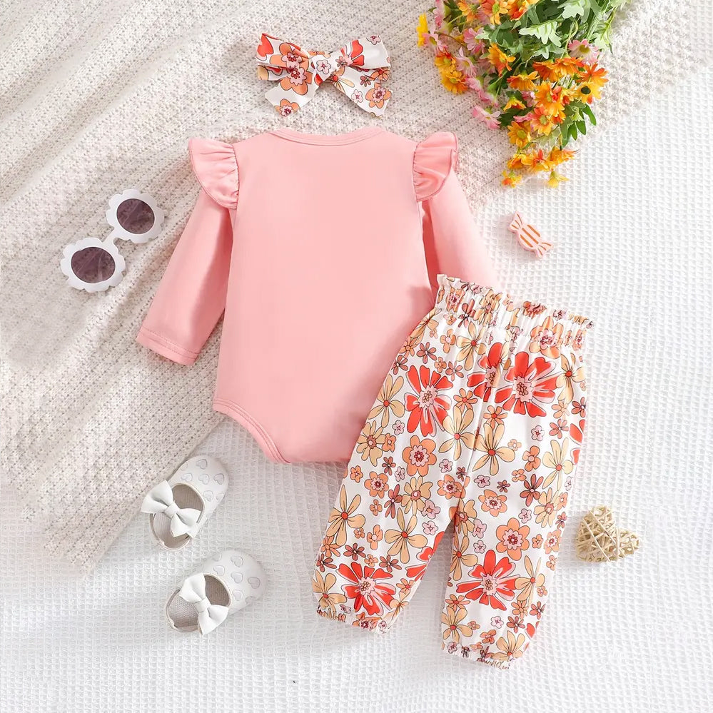 3PCS Pretty Mama's Bestie Letter Floral Printed Baby Set