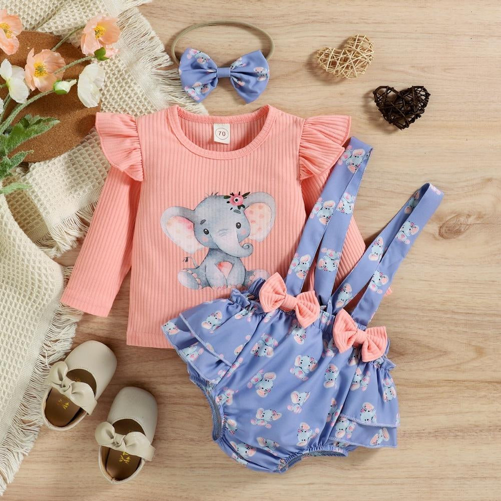 3PCS Sweet Elephant Printed Bowknot Ruffle Baby Set