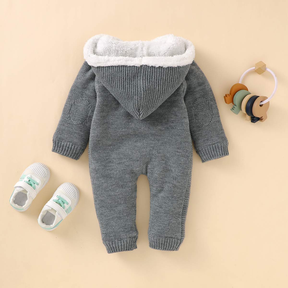 Cozy Solid Color Knitted Plush Hooded Baby Jumpsuit