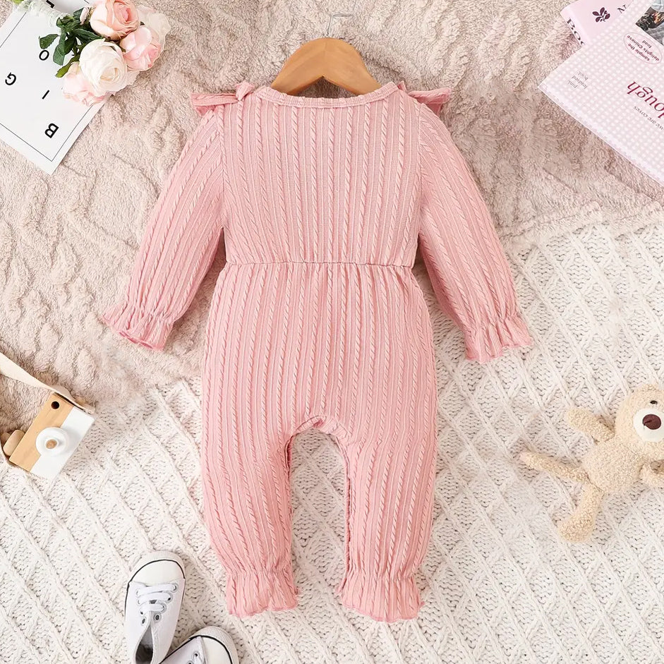 Sweet Solid Color Rib Fabric Long Sleeve Baby Jumpsuit