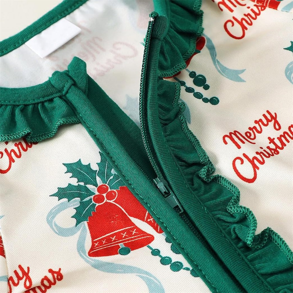 2PCS Merry Christmas Letter Print Ruffle Trim Baby Jumpsuit