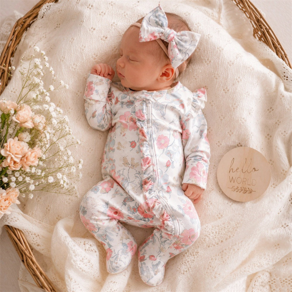 2PCS Elegant Floral Printed Ruffle Decor Zipper Baby Jumpsuit