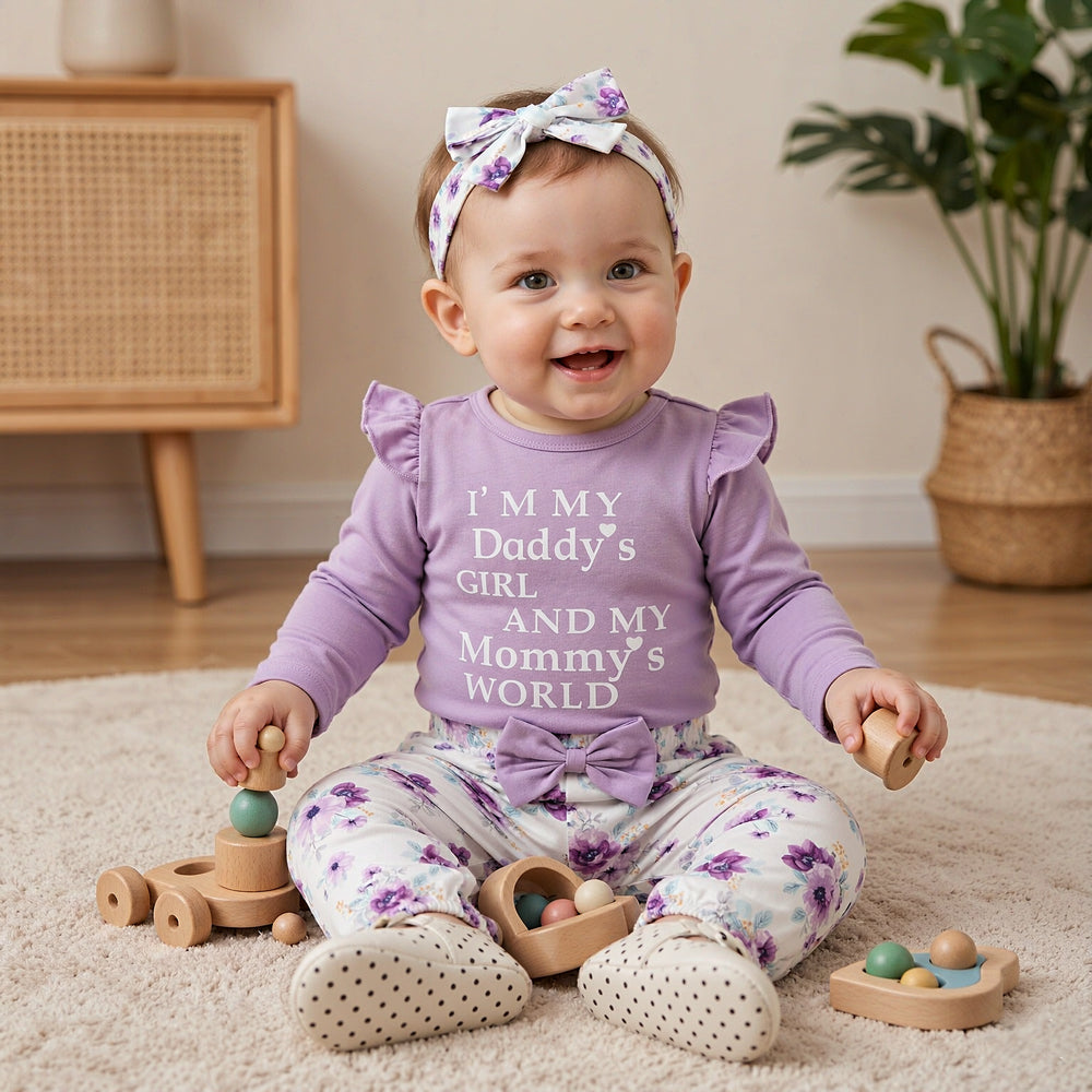 3PCS I'M My Daddy's Girl Letter Floral Printed Long Sleeve Baby Set
