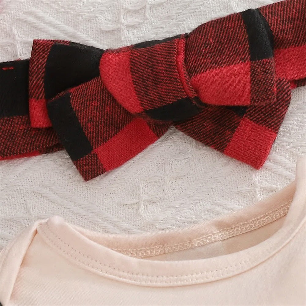 2PCS Merry Christmas Letter Plaid Print Long Sleeve Baby Jumpsuit
