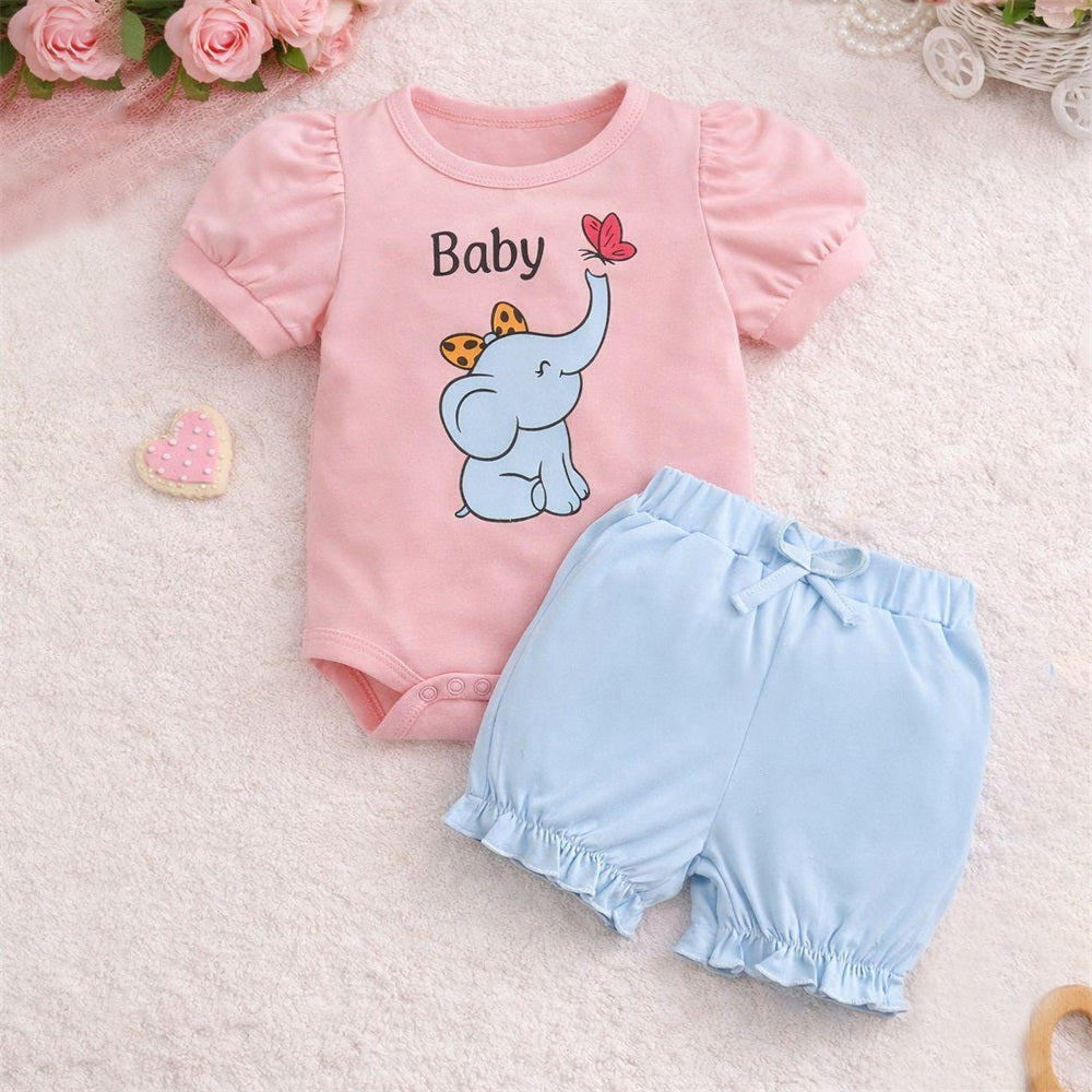 2PCS Lovely Elephant Printed Short Sleeve Baby Girl Set