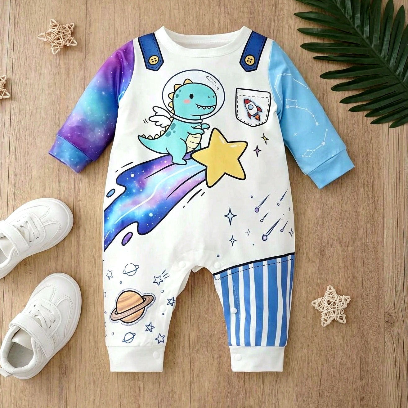 Adorable Dinosaur Printed Long Sleeve Baby Boy Jumpsuit