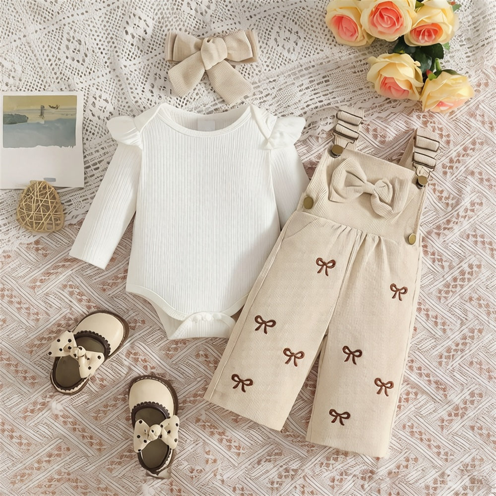 3PCS Lovely Bow Embroidery Long Sleeve Overalls Baby Set