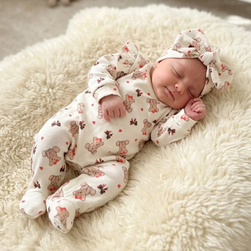 2PCS Classic Bear Print Long Sleeve Baby Jumpsuit