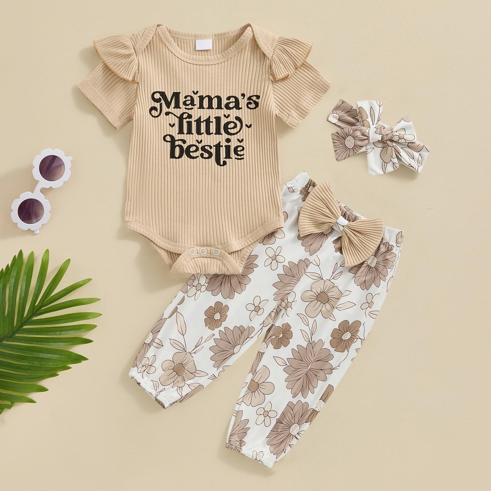 3PCS Mama's Little Bestie Letter Printed Short Sleeve Baby Set