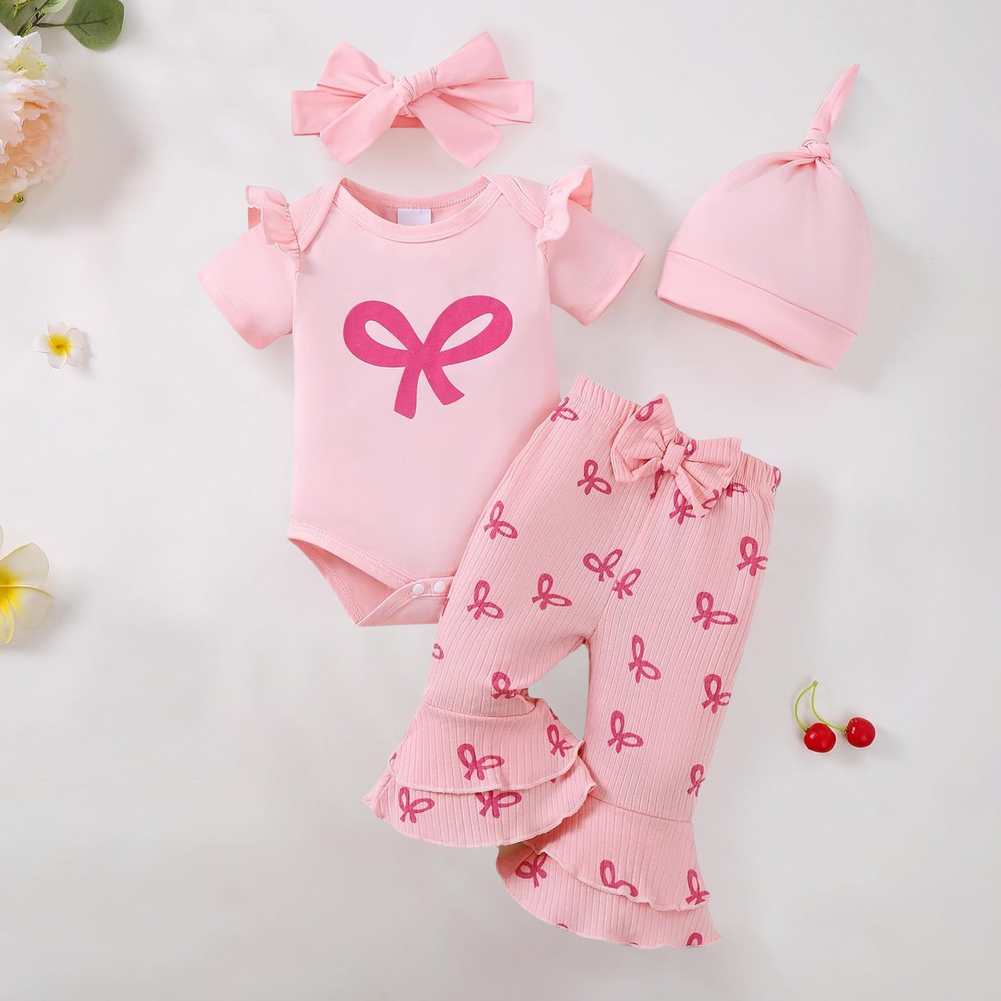 4PCS Cheerful Bow Printed Baby Girl Set