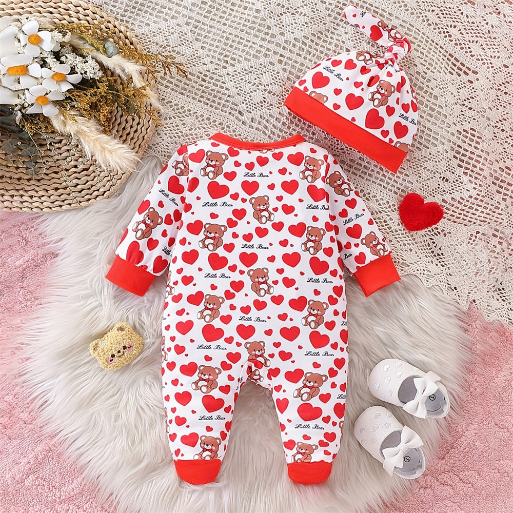 2PCS Little Bear Heart Print Long Sleeve Baby Jumpsuit
