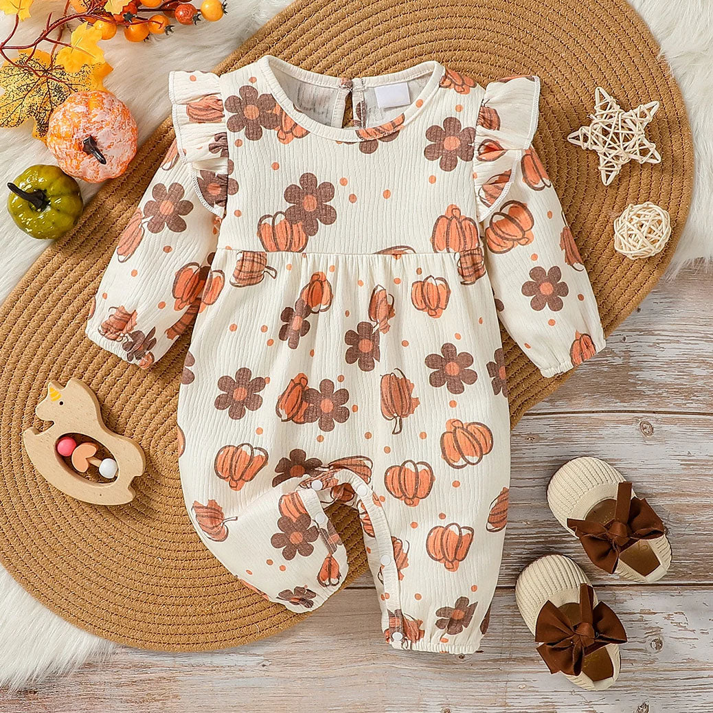 Graceful Pumpkin and Floral Printed Baby Jumpsuit