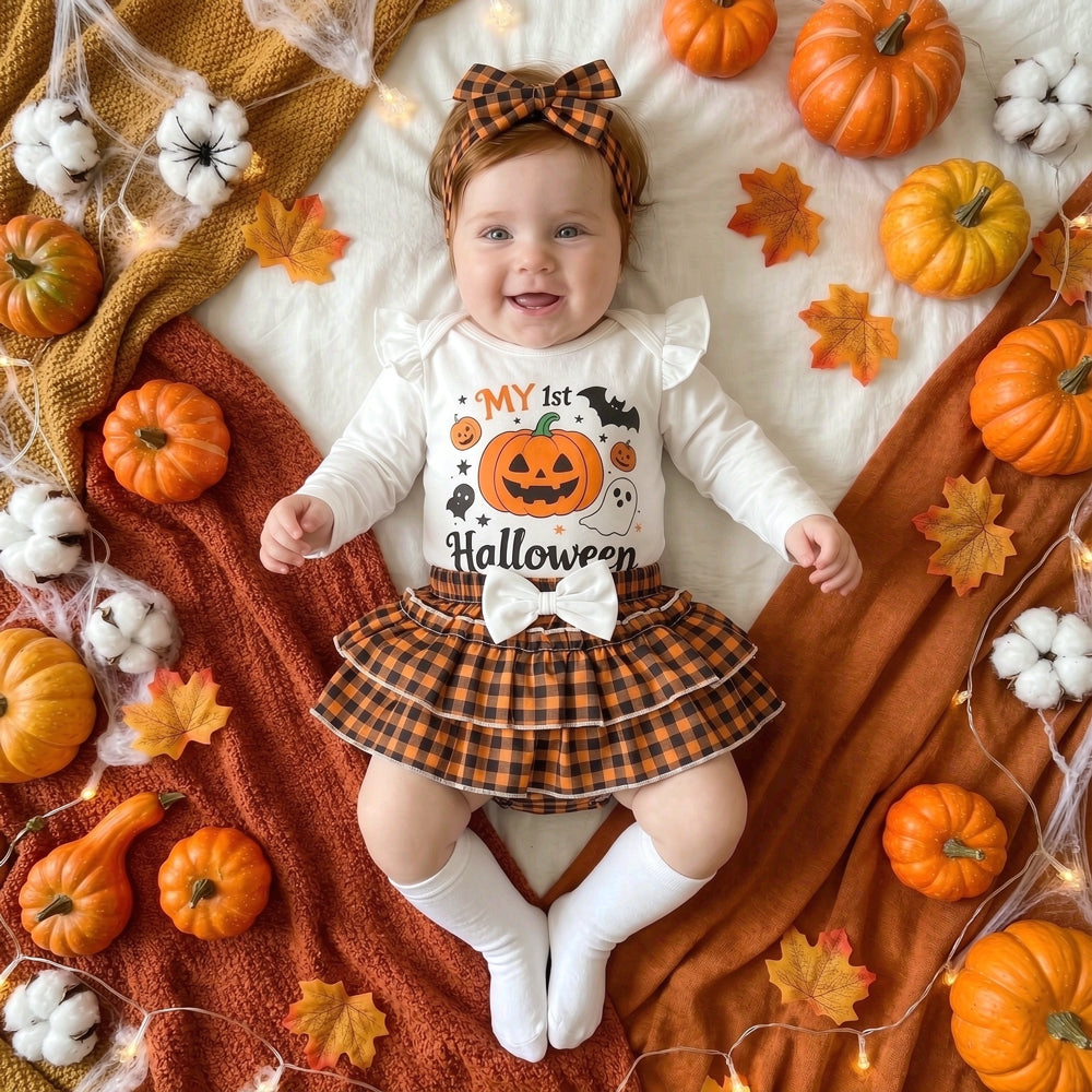 4PCS Cute My 1st Halloween Letter Plaid Printed Long Sleeve Baby Set
