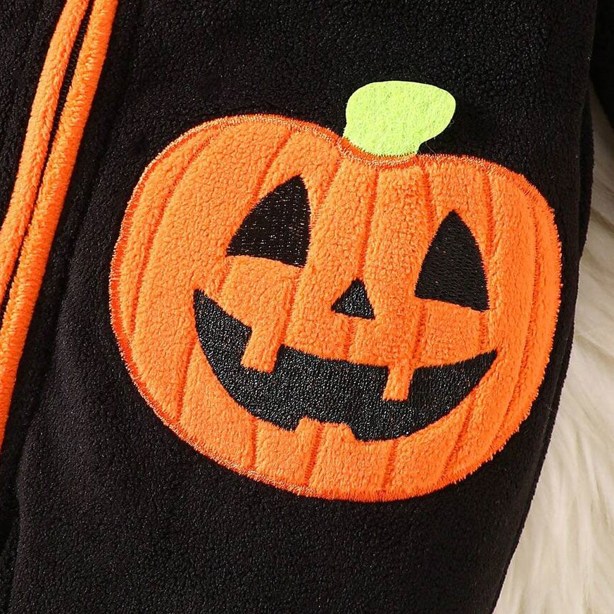 Halloween Pumpkin Embroidery Long Sleeve Fuzzy Hoodie Baby Jumpsuit