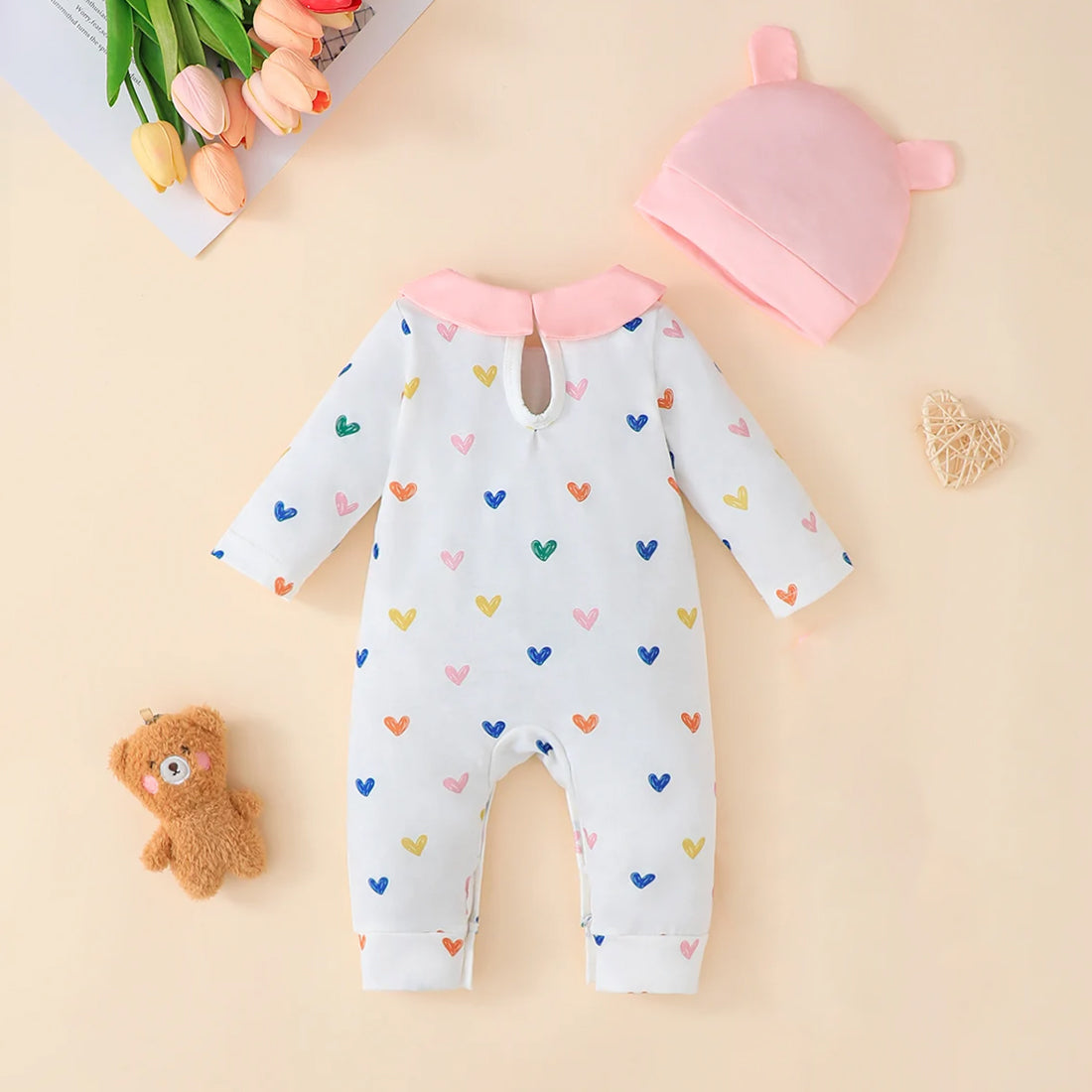 2PCS Cute Heart Bear Printed Baby Jumpsuit