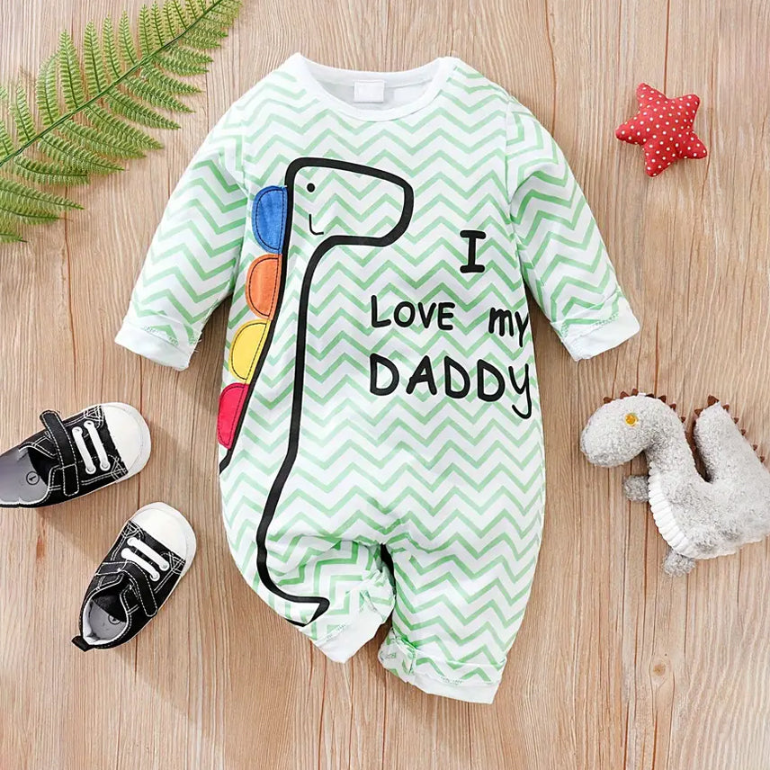 Cute Dinosaur I Love My Daddy Letter Printed Long Sleeve Baby Jumpsuit