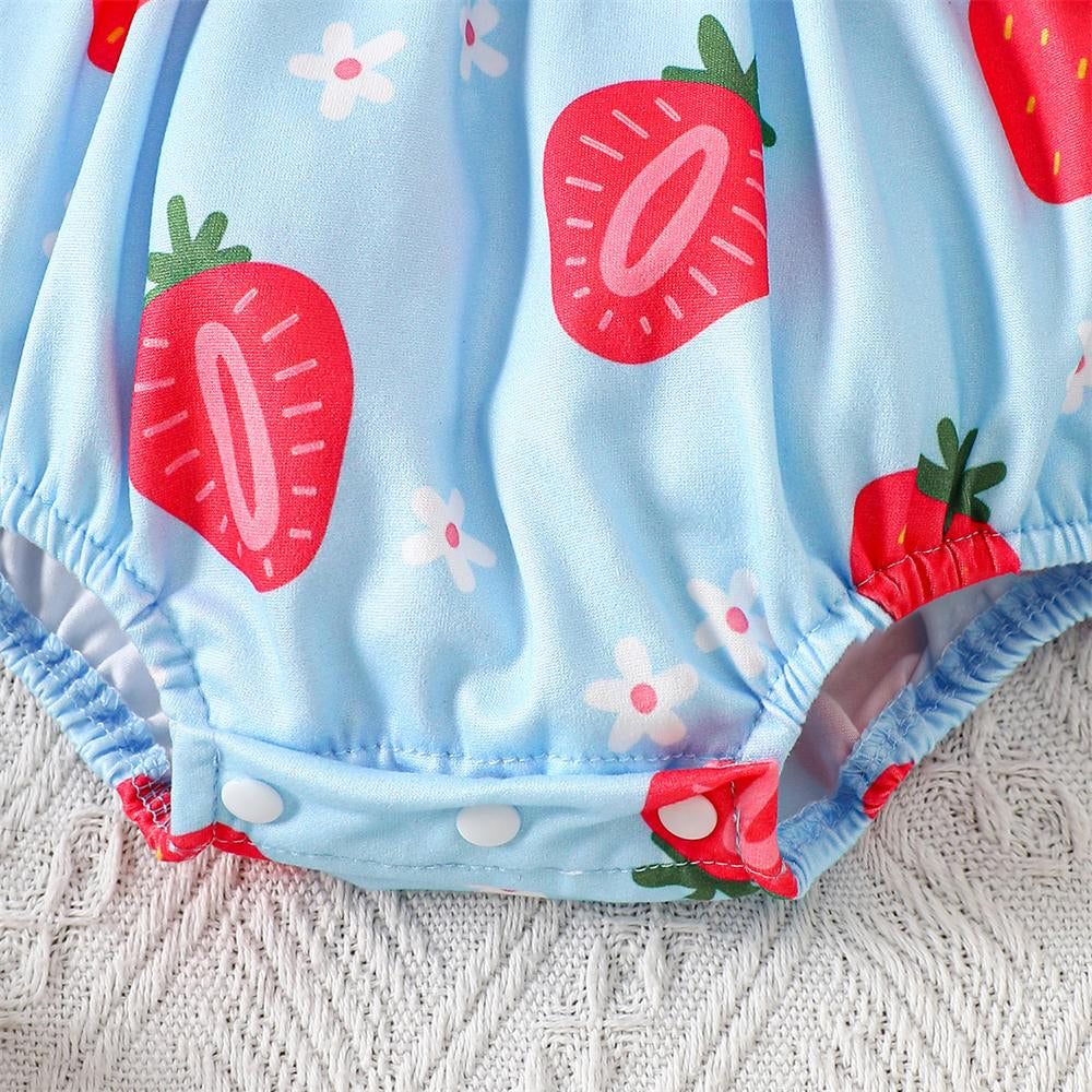 2PCS Lovely Strawberry & Floral Print Flutter Sleeve Baby Romper
