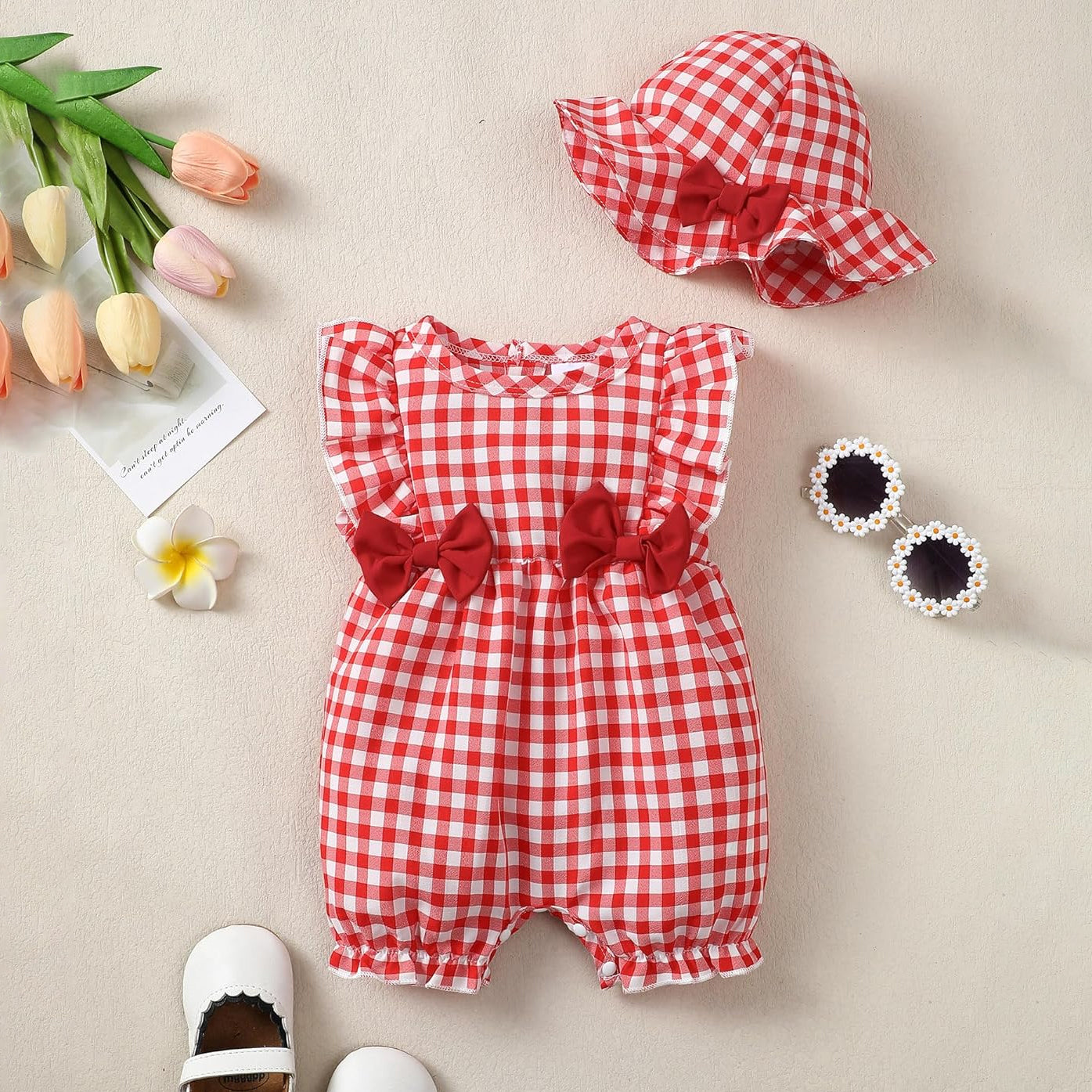 2PCS Red Plaid Print Sleeveless Bowknot Baby Jumpsuit