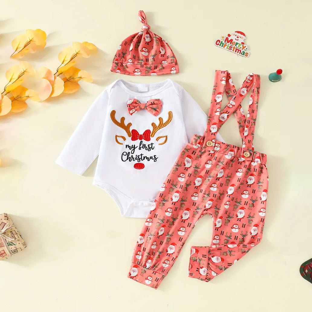 3PCS Letter Embroidery Santa Printed Long Sleeve Baby Overalls Set