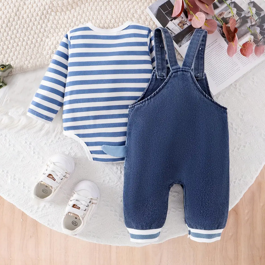 2PCS Stripe Printed Romper and Dinosaur Denim Overalls Baby Set