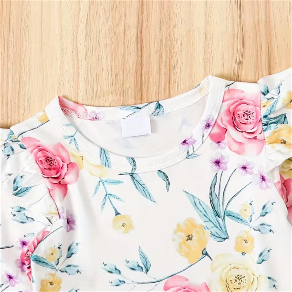 2PCS Floral and Butterfly Print Long Sleeve Baby Jumpsuit