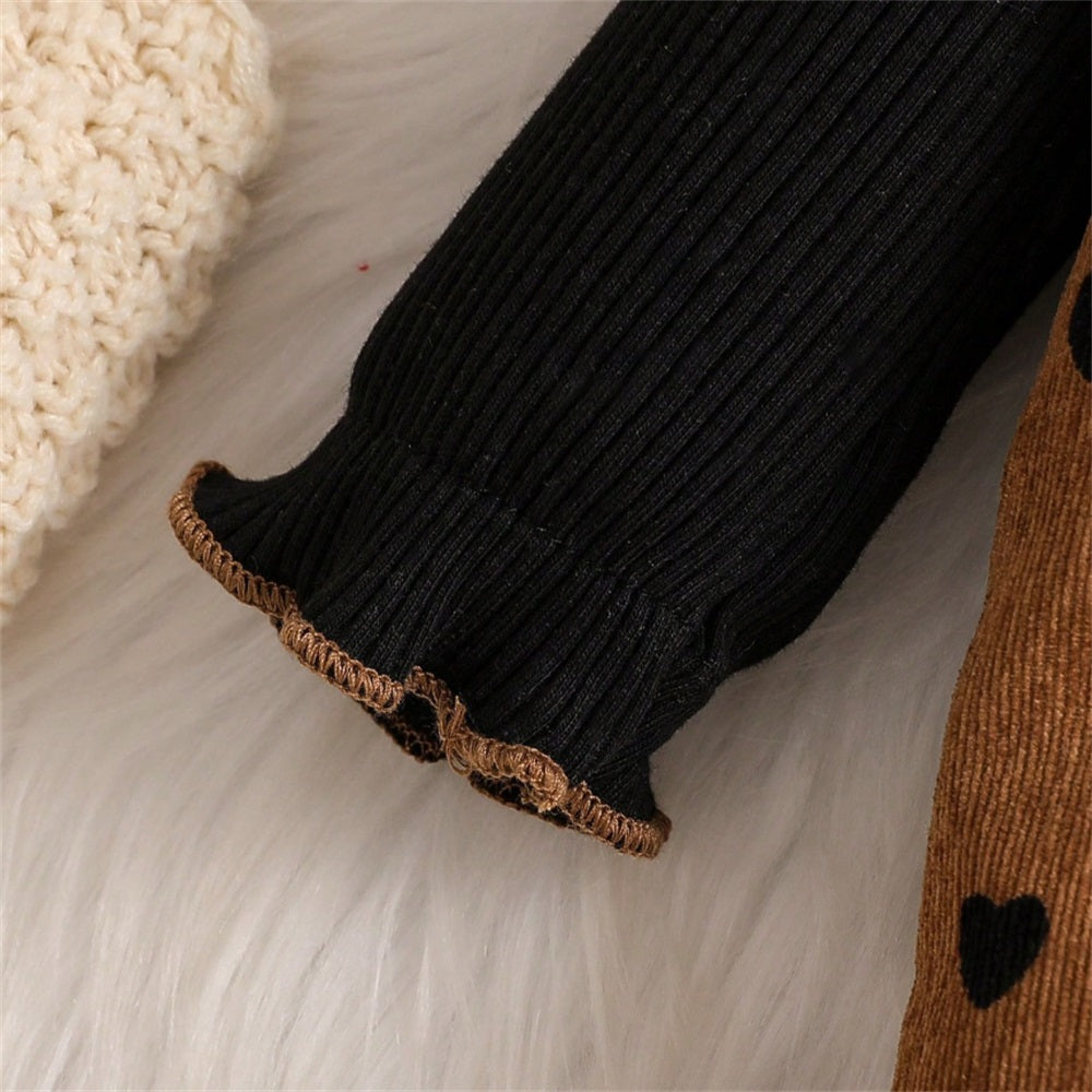 Heart Print Ruffle Trim Long Sleeve Patchwork Baby Jumpsuit