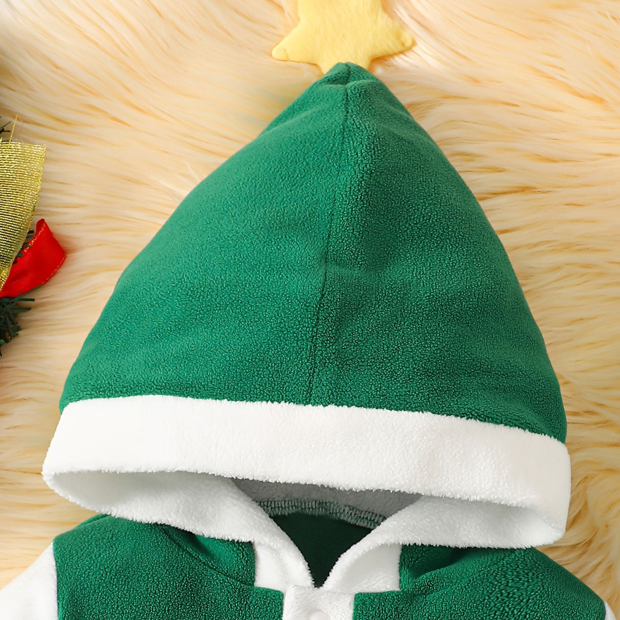Cartoon Christmas Tree Fleece Long Sleeve Hooded Baby Jumpsuit