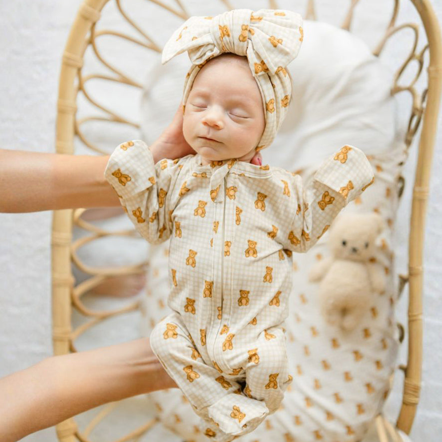 2PCS Bear Plaid Printed Long Sleeve Zipper Baby Jumpsuit