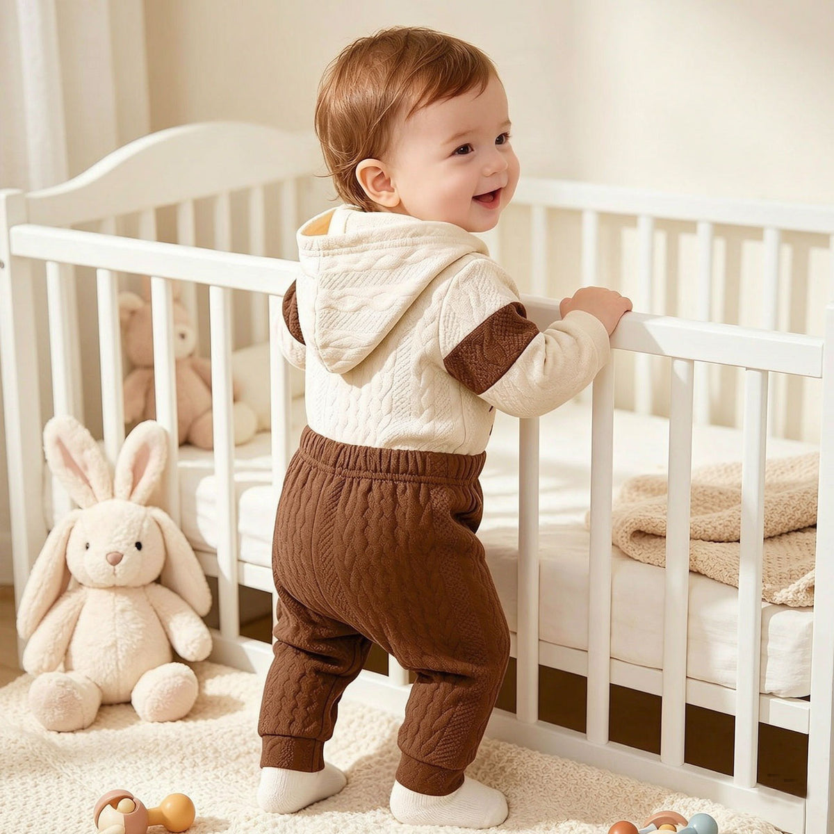 2PCS Little Brother Letter Color Block Hoodie Long Sleeve Baby Set
