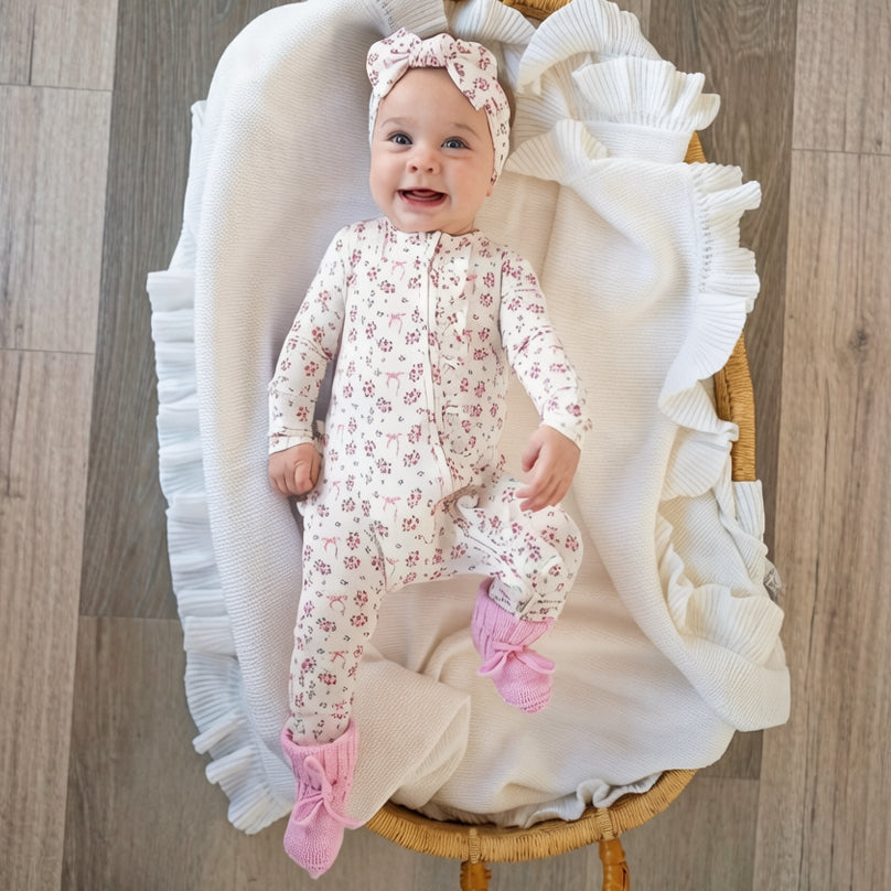 2PCS Allover Dainty Floral Printed Ruffle Zipper Baby Jumpsuit