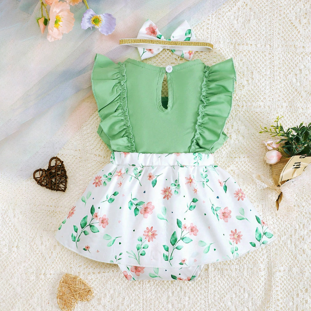 2PCS Cute Versatile Ditsy Floral Printed Ruffled Sleeveless Baby Romper